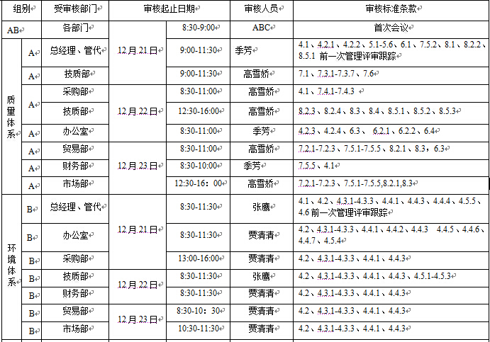 森垚2015年內部審核實施計劃發布